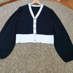 Black White Color Block Cropped Button Blouse